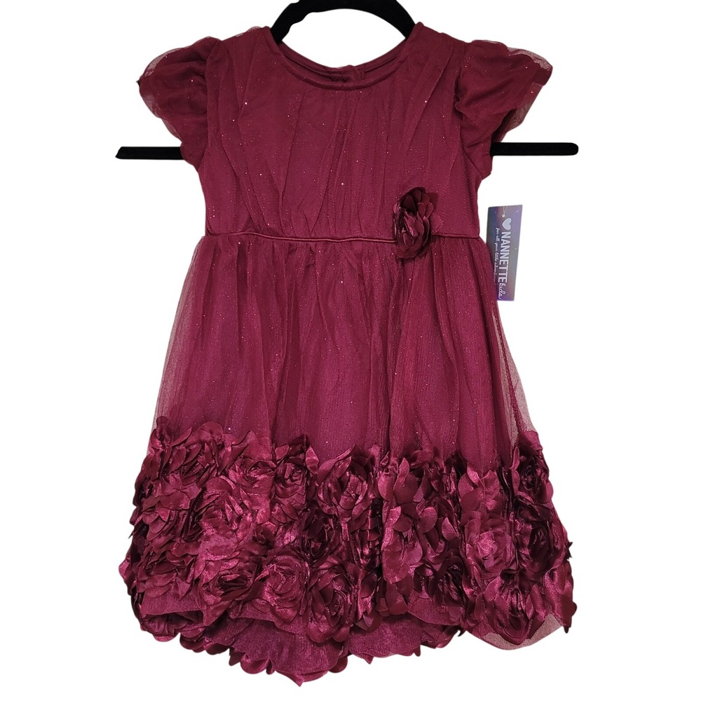 Nannette Kids Girls Burgundy Sparkle Tulle Flower Dress Size 4T formal princess